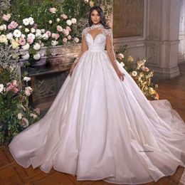 2024 Sexy Ball Gown Wedding Dresses High Neck Illusion Lace Appliques Crystal Beads Long Sleeves Bridal Gowns Custom Robe De Mariee Button Back 0513