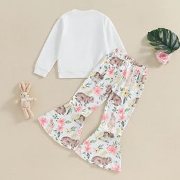 Clothing Sets Kid Girl Easter Bell Bottom Outfit Pants Set Long Sleeve Peace Love Sweatshirt Flower Print Flare 2pcs