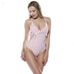 Striped Swimwear Womens One Piece Front Tied Bikini Back Halter Cross Bathing Suit Pink White for Young Lady ggitys 082J