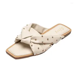 Slippers Women's Rivet Woven Personality Design Upper 2024 Summer Sexy Flat-bottomed Female Sandals Sandy Beach Woman Shoes