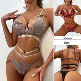 Sexy Set Open Bra Thong Set Sexy Women S Through Underwear Button Push Up Bra Fishnet Sexy Lingerie Set Porn Lenceria Hot Bodysuit T240513