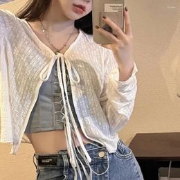 Women's Knits 2024 White Tie Up Summer Cardigan Women Sexy Long Sleeve Sheer Mesh Crop Tops Woman Chic All Match Short Printed T Shirt Mujer