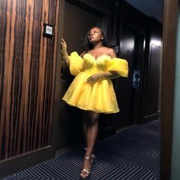 Yellow Graduation Dresses Cocktail Dresses for Women Puffy Beaded Tiered Organza Off Shoulder Birthday Short Prom Dress for African Black Girls GD006