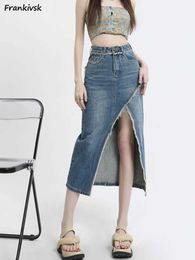 Skirts Asymmetrical Skirts Women Frayed Summer Hotswt European Style Retro Denim Mid-calf Bleached All-match Strtwear Faldas Y240513