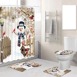 Shower Curtains Winter Christmas Curtain Sets Farm Fence Snowman Birds Forest Scenery Xmas Bathroom Decor Rug Bath Mats Toilet Cover Mat