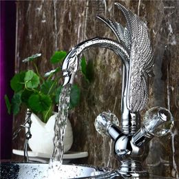 Bathroom Sink Faucets Chrome Clour Single Hole Double Crystal Knobs Basin Swan Faucet Mixer Tap
