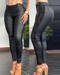 Women's Pants High Waist Skinny Women 2024 Summer Spsing Fashion Crochet Lace Patch Zipper Design PU Leather Black Trousers Female