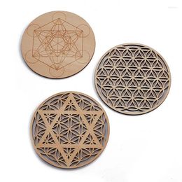 Table Mats 1PC Round Grid Geometric Sacred Wooden Healing Board Coasters Placemat Coffee Cup Mat Non-slip Heat Insulation Tea Pad