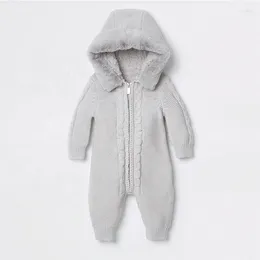 Outdoor Bags Custom Winter Thick Baby Girls Grey Knitted Kids Jumpsuit Sweaters One Piece Faux Fur Trim Hood Long Sleeve Zip-up Front