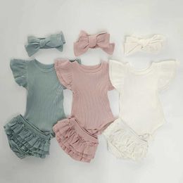 Clothing Sets Spring/Summer Baby Girl Clothing Newborn 0-2T 3-piece Preschool Clothing Set Solid Color Lace Cotton Headband Casual Childrens SetL2405