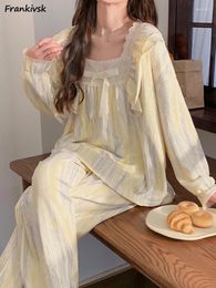 Home Clothing Sweet Pyjama Sets Women Ruffles 2 Piece Striped Loose Kawaii French Style Sleepwear Lounge Exquisite Spliced Lace Fairycore