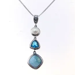 Pendant Necklaces Handmade 925 Sterling Silver Natural Blue Caribbean Larimar Pearl Necklace For Women Ladies Girls Jewellery Gift Trendy