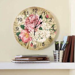Wall Clocks Rose Flower Bouquet Retro Decorative Round Wall Clock Arabic Numerals Design Non Ticking Wall Clock Large For Bedrooms Bathroom