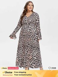 Plus size Dresses Plus Sized Clothing Leopard Printed Maxi Dress with Pockets Women Fashion V Neck Flounce Slve Dress High Waist Party Dress Y240510