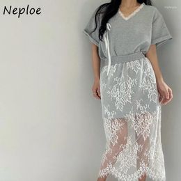 Work Dresses Neploe Fashion V-neck Mid-length Split Bow Tops Women High Waist Lace Patchwork Skirts 2024 Summer Two Piece Sets