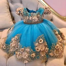 2023 Blue Little Flower Girls Dresses Short Sleeve Pearls Princess Kids First Communion Gown Knee Length Toddler Christening Dress 3010