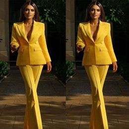 Bright Yellow Women Pants Suits 2 Pieces Custom Made Slim Fit Mother Of Bride Blazer Jacket Guest Wear Loose Pants