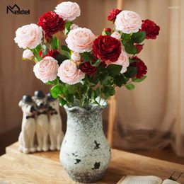 Decorative Flowers Meldel 3 Heads White Peony Bouquet Artificial Yellow Peonies Silk Roses Pink Wedding Home Spring Decoration Fake
