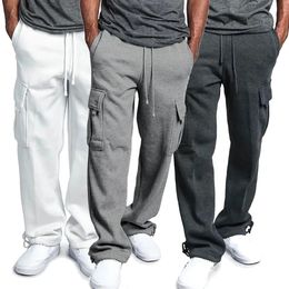 Mens Fleece Cargo Pants Loose Drawstring Sweatpants with Pockets Sports Straight Trousers Jogging Long Pants Hip Hop Streetwear 240512