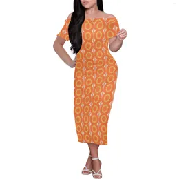 Party Dresses Elegant Women Orange Dress Polynesia Tribal Pattern Print Clothing Large Size Off-the-shoulder Short Sleeves Summer