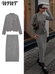 Work Dresses Knitted Button Blouse Split Skirts Women Sets 2024 Autumn Elegant V-neck Long Sleeve Grey 2 Piece Female Sheath Suit