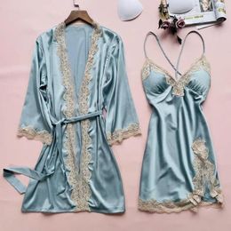 Home Clothing Women Summer Sling Nightgown Bathrobe Robe Sets Sexy Lace Floral Trim Split Bride Dressing Bath Gown M-XL Casual Clothes