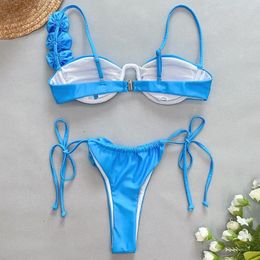 Women's Swimwear Flower Suspender Swimsuit Underwire Bikini Set Floral Lace With Bandeau Bra Lace-up Briefs 3d For Quick