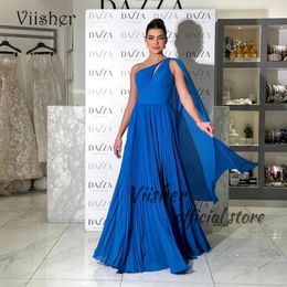 Party Dresses Blue Pleats Chiffon Evening One Shoulder Arabia Dubai Formal Prom Dress With Slit Floor Length Gowns