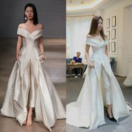 Women Evening Dresses Jumpsuit With Long Train White Off Shoulder Sweep Train Elegant Prom Dress Party Zuhair Murad Dress Vestidos Fest 253B