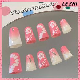 Party Favour Sweet Pink Duck-bill Shape 24PCS Full Cover Nail Tips Art Gradient Flower Design Anniversary Gift Detachable Press On Nails