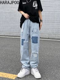Women's Jeans Harajpoo Pants Couple Light Blue Washed Old Patch Spliced Baggy Wide Leg Straight 2024 Harajuku Summer Casual Trousers
