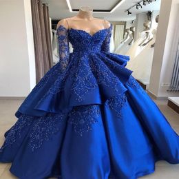 Formal Royal Blue Dresses Evening Wear 2020 Long Sleeve Lace Applique Beads Plus Size Prom Gowns robe de soiree Prom Dresses 251O