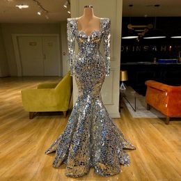 2020 New Sparkly Sequin Silver Mermaid Prom Dresses Long Sleeve Arabic Evening Dress Dubai Long Elegant Women Formal Party Gala Gowns 1 252L