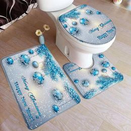 Bath Mats Christmas Mat Set Blue Xmas Balls Pine Branches Snowflakes Dream Toilet Lid Cover Foot Rug Non-slip Bathroom Accessory