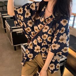 Women's Blouses Vacation Sunflower Blouse Classic Button Up Turn-down Collar Half Sleeve Shirt Spring Summer Blusas Tops Travel