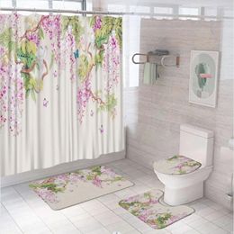 Shower Curtains Purple Flower Butterfly Curtain Set Bird Green Leaves Plant Bathroom Home Non-Slip Rug Toilet Lid Cover Bath Mat