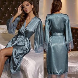 Home Clothing Spring Summer Women Robe Kimono Gown Green Loose Patchwork Lace Faux Silk Bathrobe Nightgown Sexy Long Dressing