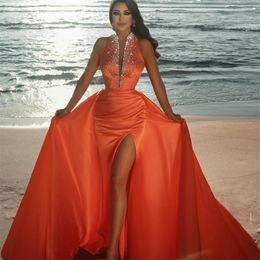Crystal Evening Dresses With Detachable Train Glitter Beads Ruched Satin Mermaid Prom Dress Deep V Neck Customize Robe de mariee Party 222B