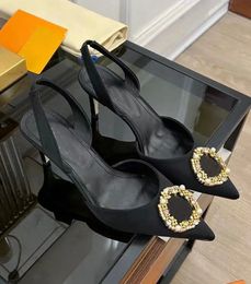 Famous Design Women Met Slingbacks Shoes Satin Women Stiletto Heels Gold-tone Metal Pearls & Rhinestones Pointed Toe Lady Pumps EU35-43