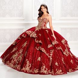 Sparkly Red Beaded Lace Ball Gown Quinceanera Dresses With Jacket Sweetheart Neck Sequined Prom Gowns Tiered Appliqued Sweet 15 Dress 2807