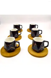 Cups Saucers Amazing Turkish Greek Arabic Coffee & Espresso Cup Set Black Marble Pattern Porcelain 6 Person Bamboo Plate