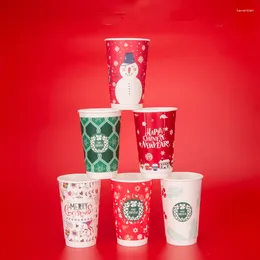 Disposable Cups Straws 50pcs Christmas Milk Tea Drink Red/green/white Paper Double Layer Thick Coffee Cup With Lids 500ml 16oz