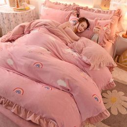 Bedding Sets Korean Version Milk Velvet Winter Thick Coral Lace Sheet Duvet Cover Double-Sided Warm Youth Comfortable