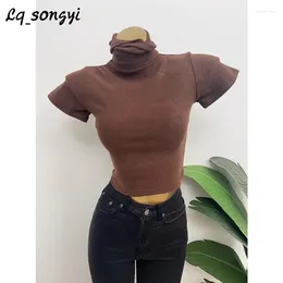 Women's T Shirts Lq_songyi Turtleneck Crop Top Short Sleeve Slim Women High Strecth 2024 Spring Solid Basic Sexy Shirt