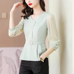 Women's Blouses Korean Fashion Solid Belt Casual Blouse Female Long Sleeve V-neck Simple All-match Button Chiffon Shirts Clothing ZL564