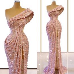 Glittering Pink Sequined Evening Dresses 2022 Sexy One Shoulder Ruched Sweep Train Formal Prom Gowns Side Slit Mermaid Women Special Oc 286p