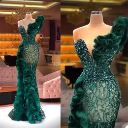Luxury Evening Dresses Sexy Side Split Ruffles Tulle Mermaid Prom Dress Glitter Sequins Beads Custom Made Chic Formal Party Gowns 2022 265b