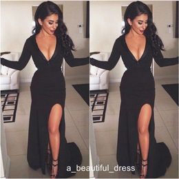 Sexy V Neck Black Long Sleeves Side Slit Evening Dresses Mermaid Prom Dress Formal Women Party Gowns ED1249 282V