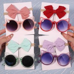 Hair Accessories 2Pcs/Set Seaside Headwear Baby Bows Headband Cat Shape Lovely Sunglasses Elastic Nylon Hair Bands Protection Glasses Accessories