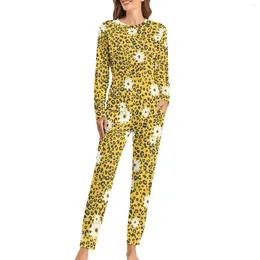 Women's Sleepwear Floral Leopard Design Pyjamas Spring White Flower Print Loose Oversized Nightwear Women Long Sleeve Cute Pyjama Sets